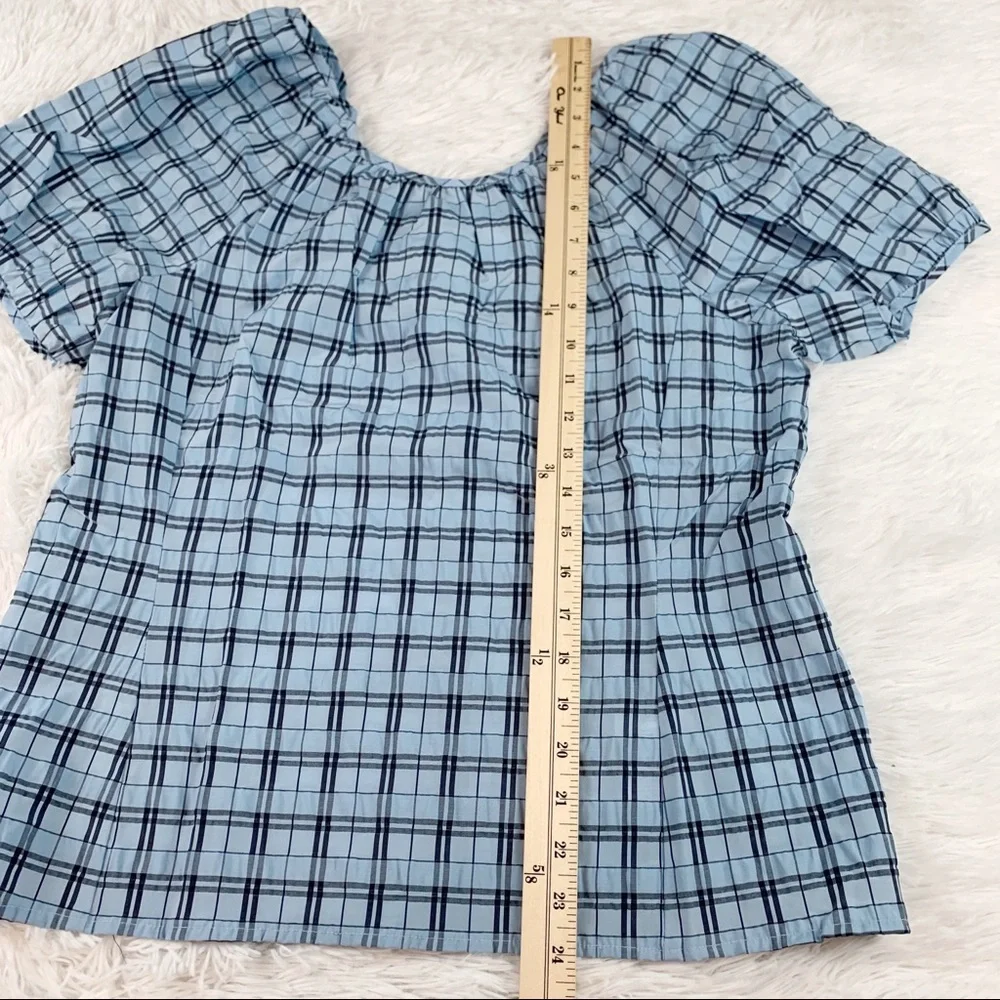 J Crew New V-back puff-sleeve top blouse in textured‎ plaid blue mist navy